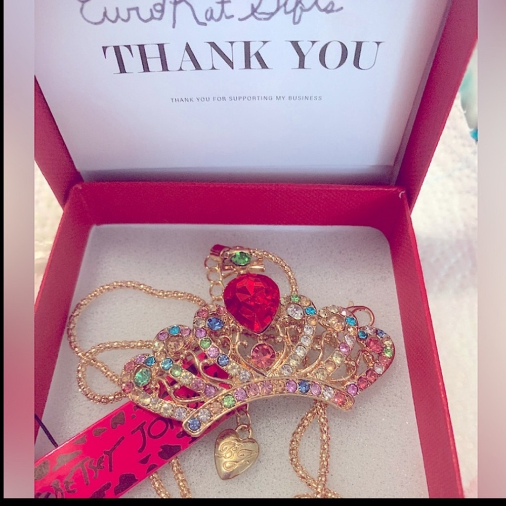 Betsey Johnson Colorful Rhinestone  Crown Necklace NEW NWT gold 18"-22"in chain